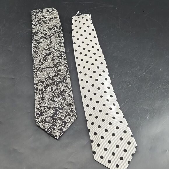 Paul Fredrick Silver White Black Floral And Polka Dot Tie Bundle (2) - Picture 1 of 10